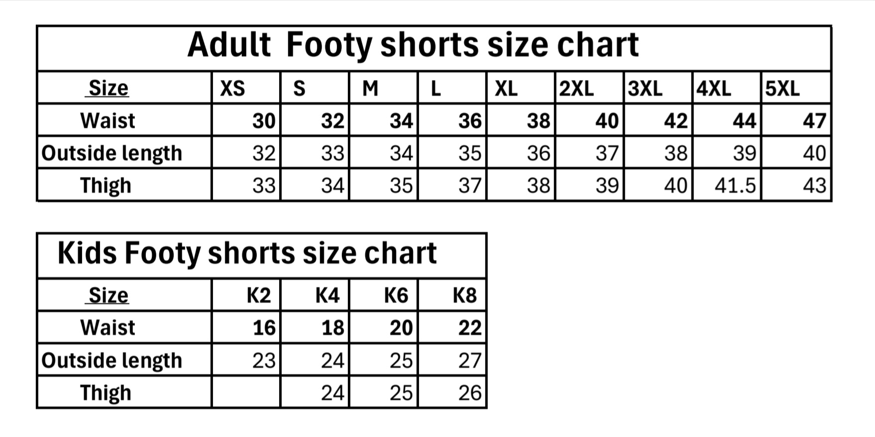 Shorts Size chart